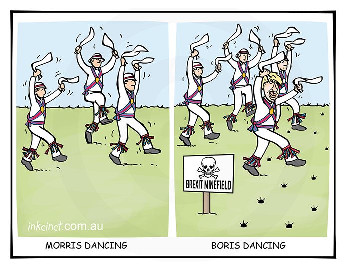 2019-310 Morris dancing, Boris Johnson Brexit minefield dancer - WORLD POLITICS 25th July