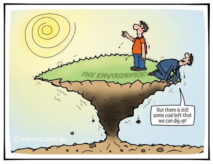 Two people on a hillock labelled as the environment that has been undermined by digging. One person is pointing the the sun while the other is pointing to a coal seam that has yet to be dug up.
